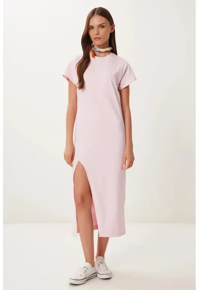 Rochie midi - Happiness Istanbul - casual - roz aprins - 100% bumbac - slit lateral
