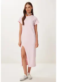 Rochie midi - Happiness Istanbul - casual - roz aprins - 100% bumbac - slit lateral