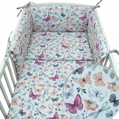 Set lenjerie de patut 3 piese Kerstin Fluturasi cu husa de pilota,fata de perna si aparatoare laterala 180x30 cm,din bumbac,inchidere cu fermoar,compatibila pautut 120x60 cm