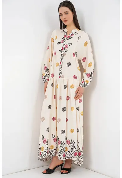 Rochie maxi decolteu in V - bej - 100% viscoza - maneca lunga