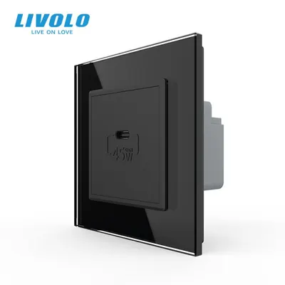 Priza simpla USB tip C, cu rama sticla Negru