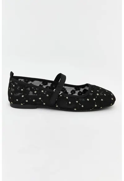 Balerini Mary Jane cu broderie florala - Negru
