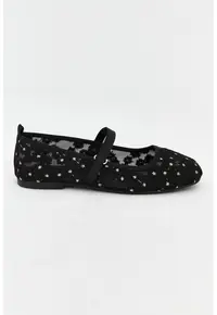 Balerini Mary Jane cu broderie florala - Negru