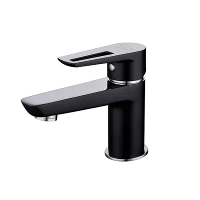 Baterie lavoar din alama sanitara, negru crom lucios, pipa fixa 10,6 cm, ventil inclus, Cersanit Mille