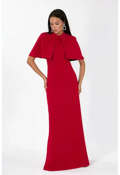Rochie Maxi - guler rotund - fermoar - rosu - poliester-elastan