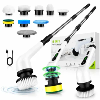 Perie Electrică de Curățare 9 în 1, 25W, 110–120cm Reîncărcabilă USB, Mâner Telescopic Extensibil, 9 Capete Interschimbabile, Multifunctionala Engros