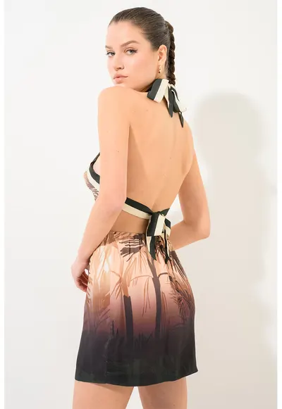 Rochie halter cu imprimeu tropical - Maro/Roz