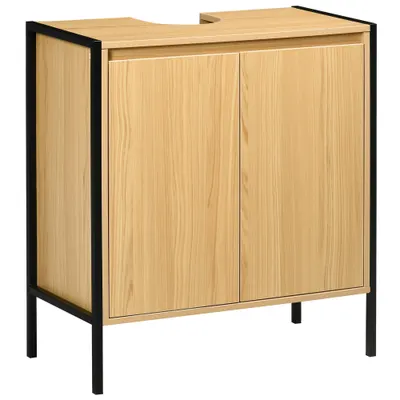 kleankin Mobilier sub chiuvetă de baie dulap sub vas dublu - 60 x 30 x 62,5 cm - Negru și Culoare Lemn | Aosom Romania