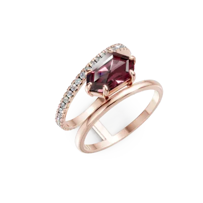 Inel geometric din aur roz cu granat de 2.4ct si diamante de 0.3ct