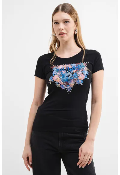 Tricou slim fit cu logo si decolteu la baza gatului - Negru/Albastru