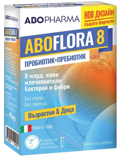 Flora 8 Probiotic + Prebiotic cu 8 miliarde de bacterii vii, 6 pliculețe, Abo Pharma