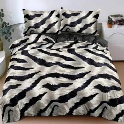 Lenjerie pat dublu cu Elastic, bumbac satinat, Negru, Gri, animal print