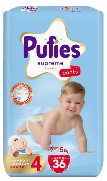 Scutece pantalonași Pufies Supreme - Mărimea 4 Maxi, 36 bucăți, 9-15 kg, Value Pack