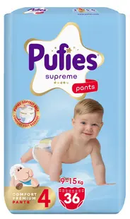 Scutece pantalonași Pufies Supreme - Mărimea 4 Maxi, 36 bucăți, 9-15 kg, Value Pack