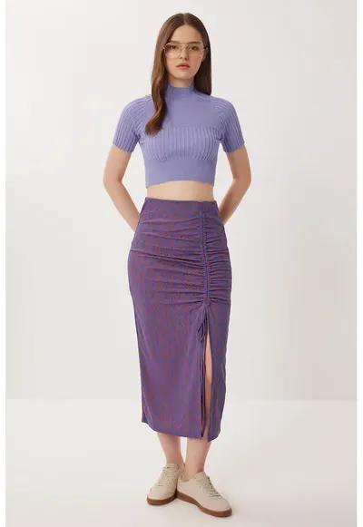 Fusta midi - Happiness Istanbul - mulata - imprimeu geometric - albastru-portocaliu - poliester - M