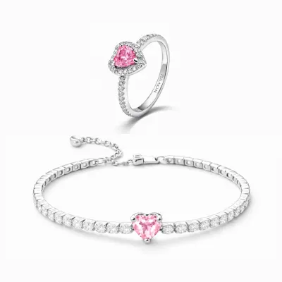 Set bijuterii Inel si Bratara Pink Heart Cu Argint