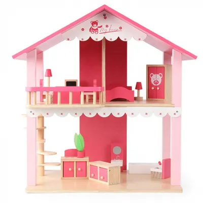 Casuta de Papusi Roz Realizata Manual cu Mobilier