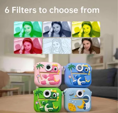 Aparat foto copii cu printare, Dinozaur, Camera duala fata-spate cu Autofocus, 48Mpx, Display LCD 2.4", Roz, Albastru, Verde, En-gross