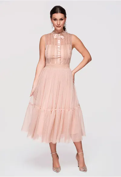 Rochie Midi Evazata cu Dantela si Guler Inalt - Rochie Eleganta de Ocazie - Nude