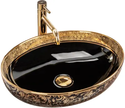 Lavoar oval REA Margot, negru auriu, 52 x 40 cm