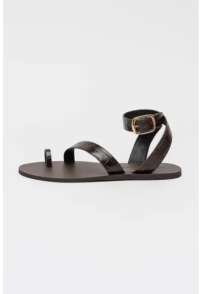Sandale gladiator de piele cu model piele de reptila Chloe - Maro inchis