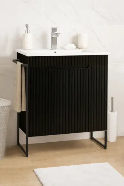 Set Baza front MDF si Lavoar seria 033, cadru metalic, montata, 60 cm, negru