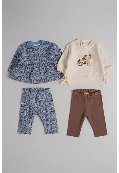 Set de bluze si pantaloni din bumbac - 4 piese - Alb fildes/Maro/Albastru lavanda
