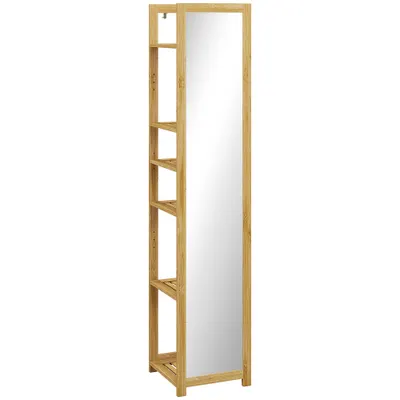 HOMCOM Poliță Baie pe 6 Niveluri cu Oglindă, Suport de Depozitare Multifuncțional, 35x35x168 cm, Lemn Natural | Aosom Romania