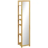 HOMCOM Poliță Baie pe 6 Niveluri cu Oglindă, Suport de Depozitare Multifuncțional, 35x35x168 cm, Lemn Natural | Aosom Romania