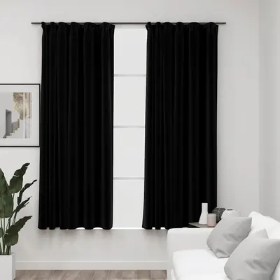 vidaXL Draperii opace aspect in, cârlige, 2 buc., negru, 140 x 175 cm