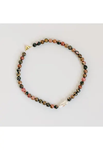 Colier din pietre semipretioase Rodonit si perla de cultura baroc - cupru - multicolor - handmade
