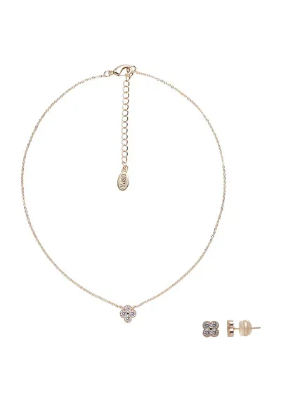 Set de cercei si colier din metal cu pandative cu cristale in forma de floare - Bronz