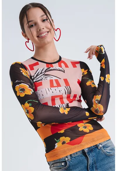 Bluza lejera slim fit - Negru/Portocaliu/Maro nisip