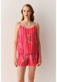 Pijama cu pantaloni scurti si imprimeu - Rosu vermillion/Roz