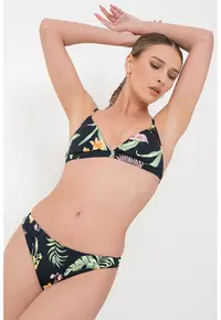 Costum de baie din doua piese cu model floral - Negru/Portocaliu deschis/Verde deschis