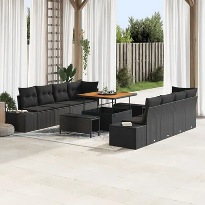 Set de canapea pentru gradina Gossi 11 piese cu perne, negru, poliratan, acacia, canapea de gradina Gossi pentru 2 persoane cu perne, negru, poliratan, set de dining pentru gradina Gossi 3 piese cu perne, negru, poliratan, acacia