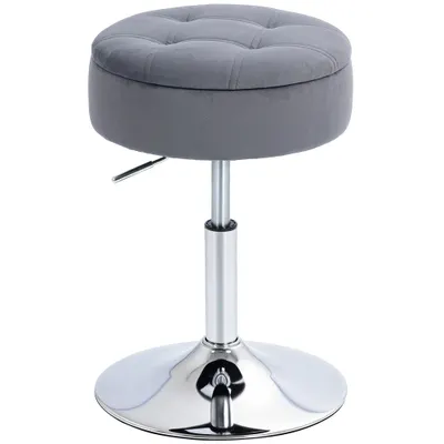 HOMCOM Round Bar Stool, Height Adjustable Swivel Pub Chair with Storage and Metal Base, Backless Tufted Makeup Stool for Breakfast Counter, Kitchen Island, Bedroom, Living Room, Grey | Aosom Romania