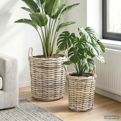 vidaXL Coș de Plante cu depozitare 2 buc. Gri natural Ratan Kubu
