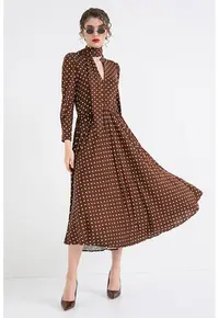 Rochie midi cu buline - Alb/Maro pamantiu