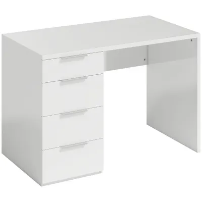 HOMCOM Birou Compact, 110x61.5x75 cm Birou Modern cu 4 Sertare, Masă pentru Computer, Cameră și Birou, Alb Lucios | Aosom Romania
