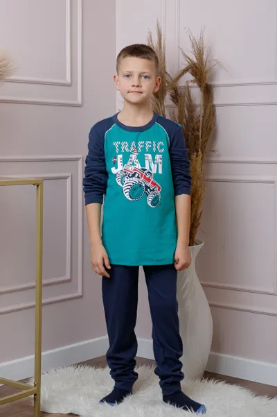 Pijama baieti Oliver din bumbac turcoaz cu imprimeu monster truck