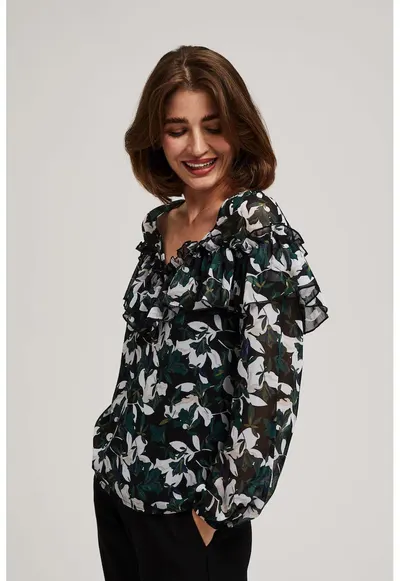 Camasa cu Volane si Model Floral - Negru