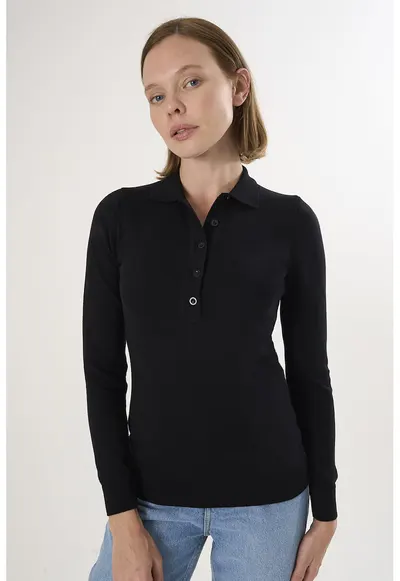 Pulover slim fit cu guler polo - Negru