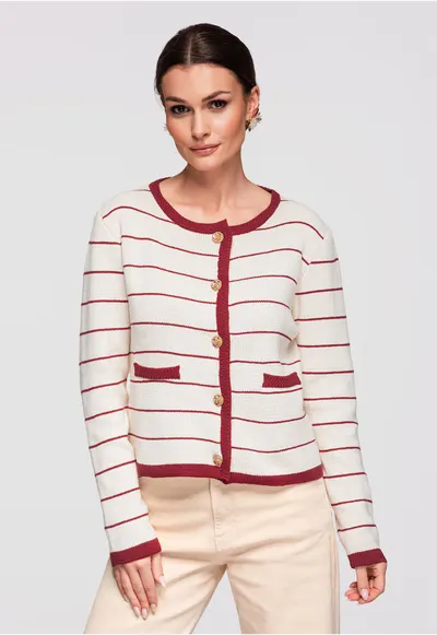 Cardigan din bumbac si acril OW-SWCD-0101 - Visiniu/Bej