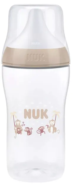 Biberon cu tetină din silicon NUK Perfect Match - 260 ml, mărimea M, 3 luni+, maimuţă, bej