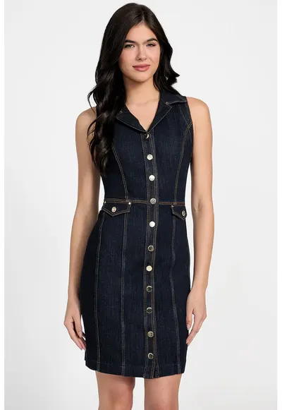 Rochie-camasa din denim din amestec de modal - Bleumarin