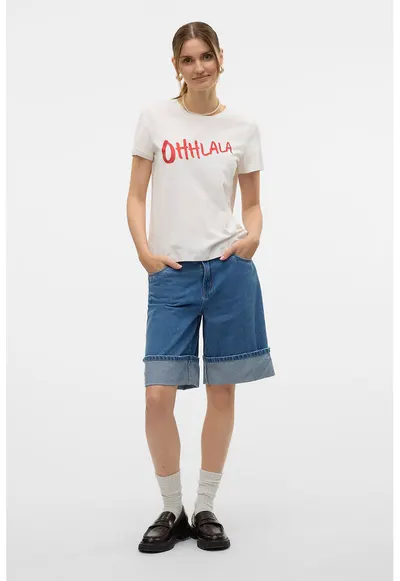 Tricou de bumbac organic cu decolteu rotund - Rosu/Alb murdar
