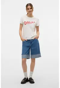 Tricou de bumbac organic cu decolteu rotund - Rosu/Alb murdar