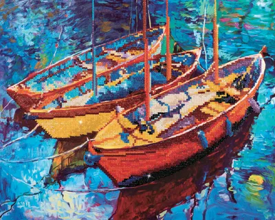 Tablou cu diamante - Trei bărci pe apă, 38 x 47 cm