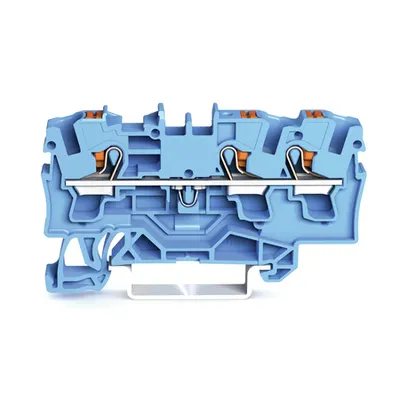 3-conductor through terminal block; with push-button; 4 mm²; with test port; suitable for Ex i applications; side and center marking; for DIN-rail 35 x 15 and 35 x 7.5; Push-in CAGE CLAMP®; 4,00 mm²; blue